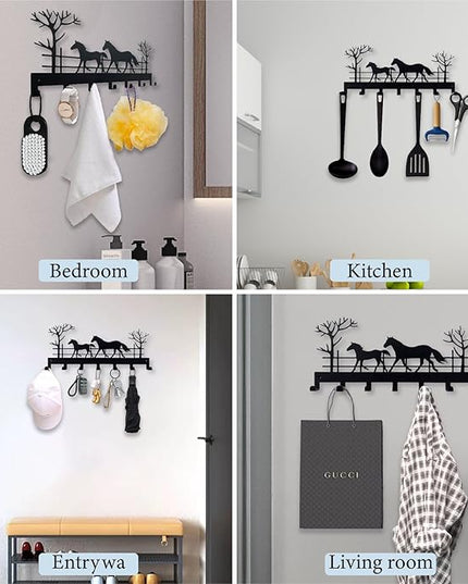 ShowMtheM Metal Horse Key Holder for Wall,Metal Key Organizer Wall Decorative with 7 Hooks,Black Wall Mount Key Holder for Entryway,Front Door,Hallway,Office