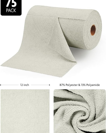 Fantasticlean Microfiber Cleaning Cloth Roll -75 Pack, Tear Away Microfiber Towels, 12" x 12", Reusable, Washable, Scratch Free, Ultra Absorbent Dishcloth for All-Around Cleaning Supplies (Cool Grey)