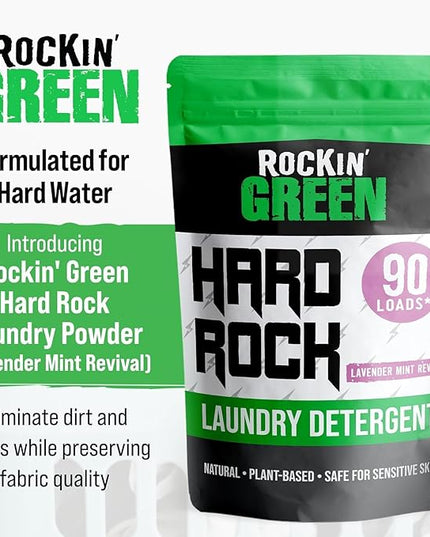 Rockin' Green Hard Rock Laundry Detergent for Hard Water (90 Loads), Plant based, Natural Laundry Detergent Powder, Biodegradable Odor Fighter, Safe for Sensitive Skin, 45 oz (Lavender Mint Revival)