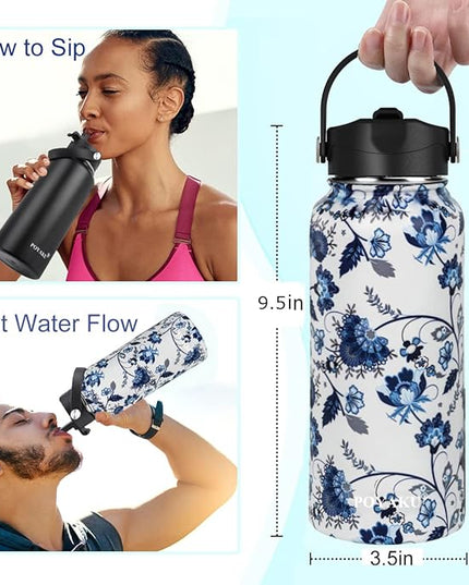 Water Bottle Insulated 32oz 40oz 64oz 128oz Straw Lid Spout Lid & 3 Lids, Leak Proof, Vacuum Insulated,Stainless Steel Water Bottle Wide Mouth for Sports, Gym or Office