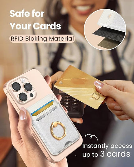 Shorogyt Compatible with Magsafe Wallet Magnetic Card Holder - Phone Wallets with Ring Grip Stand Cute Fashion for iPhone 17/16/15/14/13/12 Series for Women Girls Glitter White Design, Fit 3 Cards