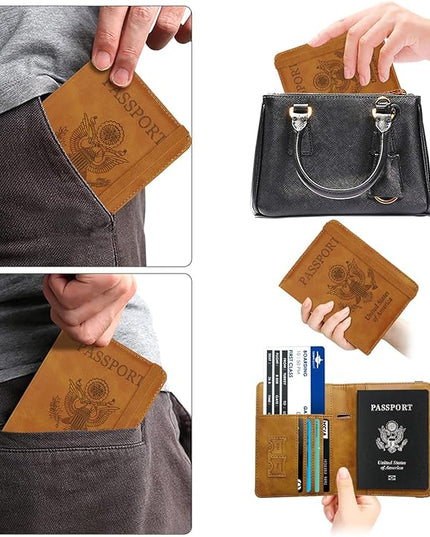 WALNEW Passport Holder for Travel, RFID Passport Cover Wallet for Women Men, PU Leather Passport Book Card Holder Case with Pen, Travelling Essentials for Flying