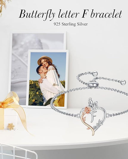 TOUPOP Gifts for Women Rose Heart Initial Bracelet 925 Sterling Silver Butterfly Letter Link Bracelet Love Jewelry Valentines Day Birthday Gifts for Her Wife Girlfriend Mom