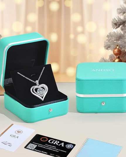 ANDSO Moissanite Heart Pendant Necklaces for Women, 925 Sterling Silver Necklace Engraved with 'I LOVE YOU', Ideal Anniversary Birthday Christmas Jewelry Gifts for Mom Wife Girlfriend Daughter Her