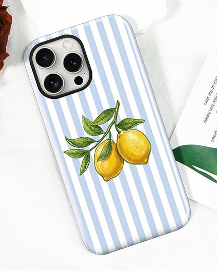 Magnetic for iPhone 14 Pro Max Case Cute Lemon Stripes Phone Case, Shockproof Slim TPU and Hard PC Protective Phone Cover Compatible with MagSafe Designed for Women Girls, Blue