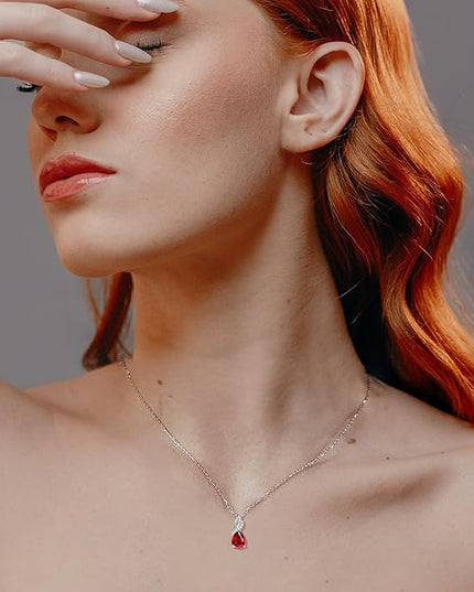 FANCIME 14K Solid White Gold Teardrop Pendant with Diamond Birthstone Necklace