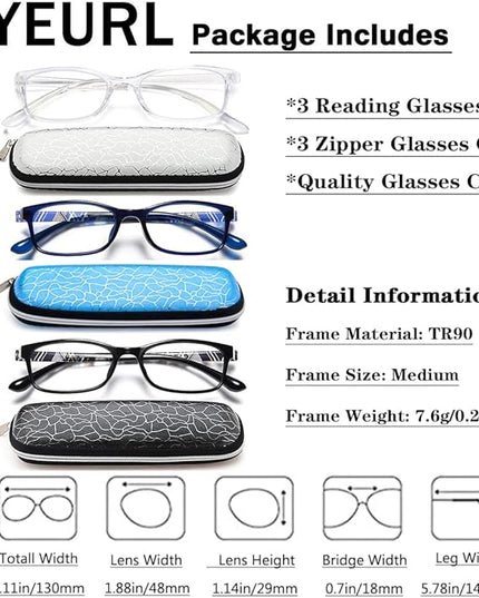 EYEURL Reading Glasses for Women-Blue Light Blocking For Men Women-3 Pack Computer Readers 1.25 Spring Hinge Anti UV Ray/Eye Strain/Glare Eyeglasses