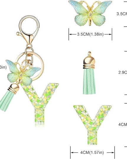 Fashion Alphabet Initial Letter Keychain Tassel Butterfly Pendant Key Ring for Purse Handbags Women Girl