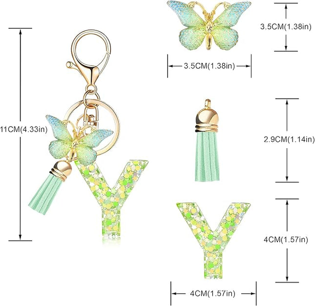 Fashion Alphabet Initial Letter Keychain Tassel Butterfly Pendant Key Ring for Purse Handbags Women Girl