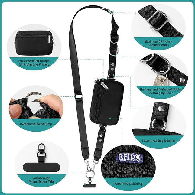Upgrade Clip and Go Phone Lanyard Crossbody with RFID Shielding Wallet, Lanyard for Keys Glasses Accessories, Anti-theft and Privacy Protection Design, Adjustable Phone Strap Wrist Strap for Travel.