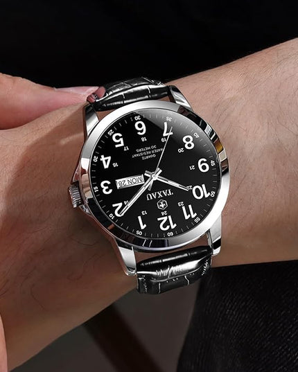 Men's Watches Leather Band Stainless Steel Quartz Analog Watch Luxury Waterproof Watches for Men Dress Men's Wrist Watch with Day Date Arabic Numeral Relojes para Hombre