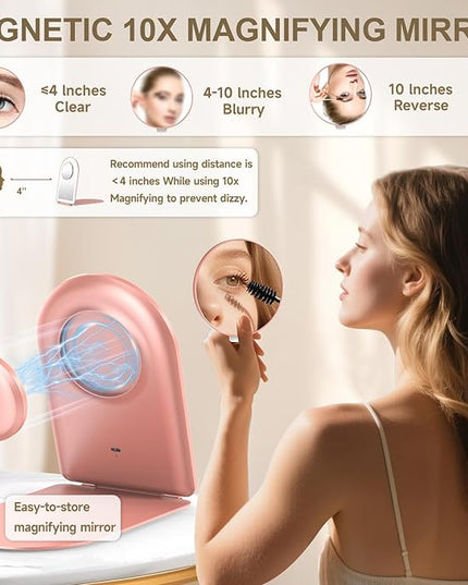 Mocado Travel Makeup Mirror with Light, 1x/10x Magnifying Mirror with Light, 3 Colors Lighted Magnifying Mirror, 2000mAh Rechargeable Lighted Makeup Mirror, Memory Function (Arched-Rose Gold)