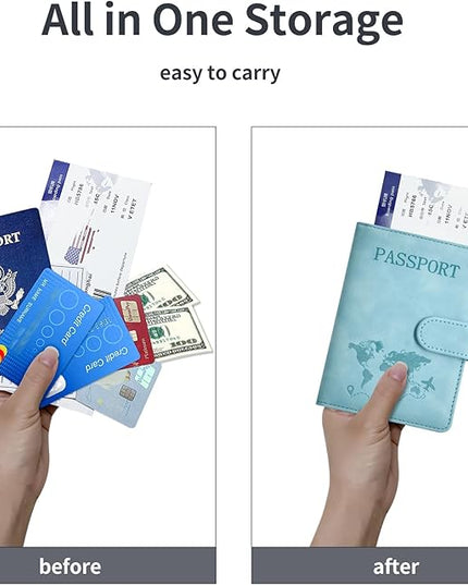 Passport Holder, Passport Cover with Credit Card Slot and Boarding Pass Slot Combo, Passport Wallet Case Book Travel Must Have, RFID Blocking Leather Travel Accessories, Light Blue