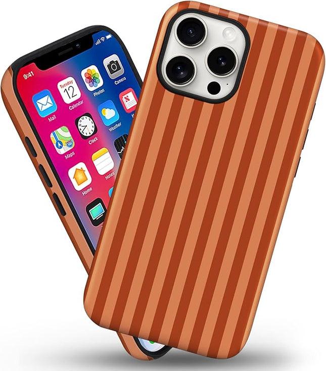 Magnetic for iPhone 15 Pro Case Cute Stripes Phone Case, Shockproof Slim TPU and Hard PC Protective Phone Cover Compatible with MagSafe Designed for Women Girls, Deep Brown