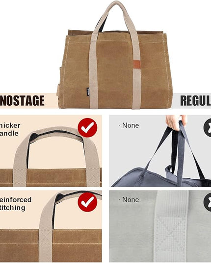 INNO STAGE Firewood Log Carrier Tote Bag with Super Strong Double Straps for Reinforce, 16oz Waxed Canvas Heavy Duty & Long Lasting for Wood Hay Hauling for Fireplace or Outdoor Camping-Khaki Color
