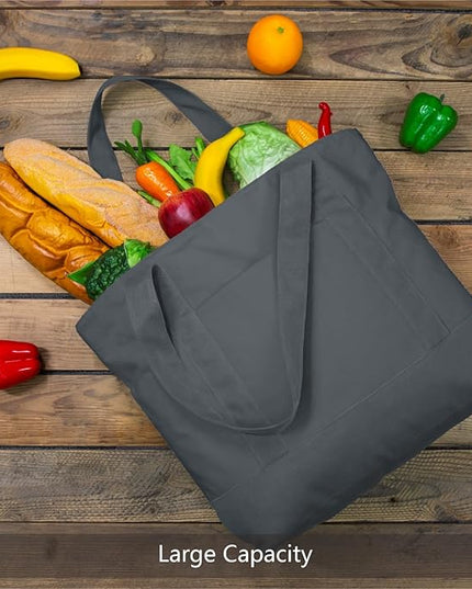 TOPDesign 6-Pack Canvas Tote Bags with an External Pocket, Reusable Grocery Shopping Bags, Top Zipper Closure, Daily Essentials (Grey)