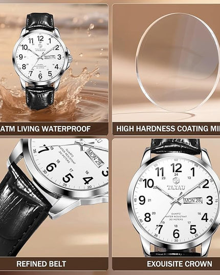Men's Watches Leather Band Stainless Steel Quartz Analog Watch Luxury Waterproof Watches for Men Dress Men's Wrist Watch with Day Date Arabic Numeral Relojes para Hombre