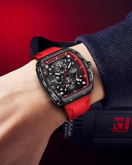Mens Watches,Unique Rectangular Quartz Analog Watch,Outdoor Sports Multi-Function Watch,Chronograph/Waterproof/Luminous/Calendar,Durable Silicone Strap Mens Casual Watches