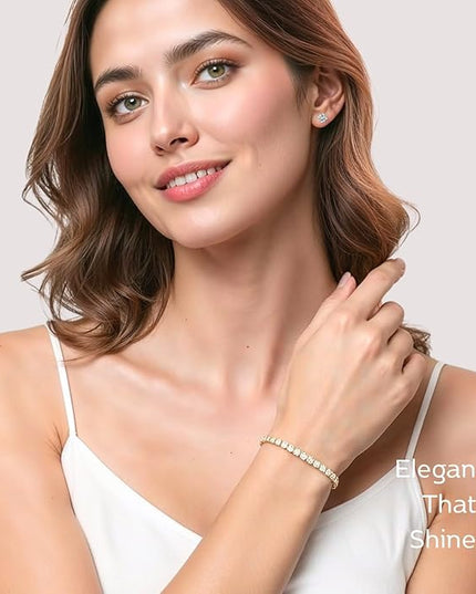 LOVE&LOVE Moissanite Tennis Bracelet for Women, Adjustable 18K Gold Plated 925 Sterling Silver Bracelet, 3/4mm D VVS1 Round Cut, Luxury Jewelry Gift for Wife Mom Girlfriend Birthday Anniversary