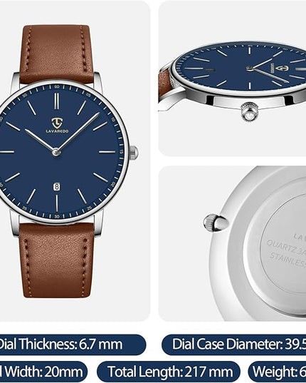 L LAVAREDO Watch for Men, Extremely Thin Mens Watches Minimalist Analog Men's Leather Wrist Watches with Time/Date, Birthday Gift for Men Boyfriend