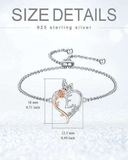 TOUPOP Gifts for Women Rose Heart Initial Bracelet 925 Sterling Silver Butterfly Letter Link Bracelet Love Jewelry Valentines Day Birthday Gifts for Her Wife Girlfriend Mom