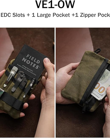 VIPERADE VE1-OW EDC Pouch, Waxed Canvas Pocket Organizer, EDC Pocket Organizer Pouch for Men, 3 Tool Slots with 1 Zipper Pocket Great for EDC Gears
