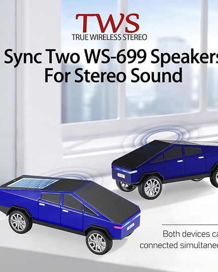 WS-699 Solar Bluetooth Replica Speaker – Future Pickup Truck Design, HD Sound, TWS Stereo Pairing, FM Radio, LED Party Light, USB/TF Playback, Hands-Free Mic, Type-C Charging, Portable Gift (Blue)