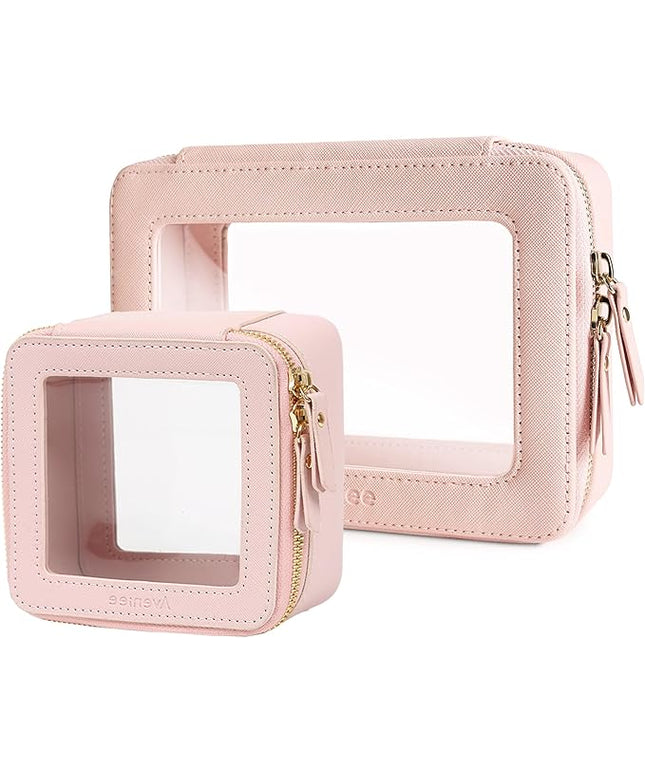 Aveniee Clear Makeup Bag Set (2-Piece Mini & Midi) - Travel Toiletry Organizer for Women, Waterproof Cosmetic Pouch & Car Accessory for Travel Size Toiletries, Pink