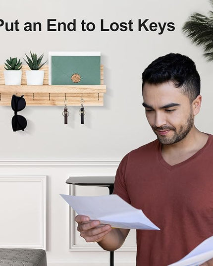 Lwenki Decorative Key Holder for Wall with Shelf, Entryway Shelf with Hooks Holds Leashes, Jackets and Glasses – Sturdy Wood Keyholder Entrance Hanger with Mounting Hardware (Wood, Large)