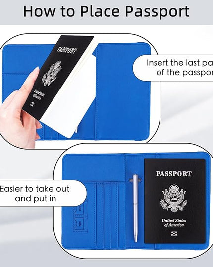 WALNEW Passport Holder for Travel, RFID Passport Cover Wallet for Women Men, PU Leather Passport Book Card Holder Case with Pen, Travelling Essentials for Flying