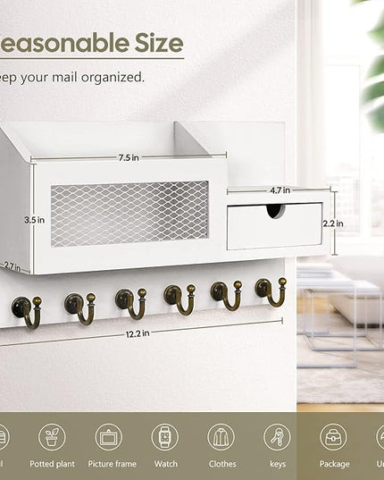 FifthQuarter Key and Mail Holder for Wall, Mail Organizer Wall Mount with 6 Hooks and Storage Drawer, Easy Installation Key Rack for Entryway and Home Decor (B-White)