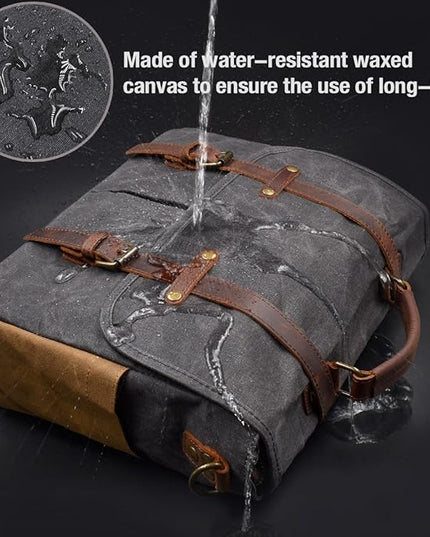 Mens Messenger Bag 15.6 Inch Waterproof Vintage Genuine Leather Waxed Canvas Briefcase Large Satchel Shoulder Bag Rugged Leather Computer Laptop Bag, Grey