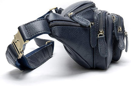 Genuine Leather Fanny Pack large capacity Crossbody Waist Bag with Zipper phone Pockets dark blue
