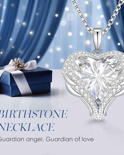 CDE Christmas Gifts for Women Angel Wings Necklace for Women with Birthstone, Love Heart Silver Tone/Gold Tone Pendant, Ideal Anniversary or Birthday Jewelry Gifts for Wife Girlfriend Her