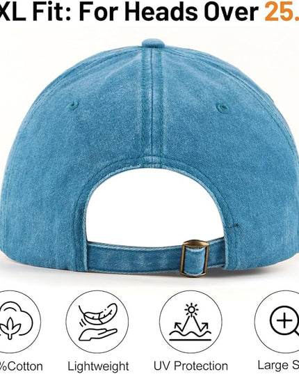 XXL Oversize Washed Denim Baseball Cap,Low Profile Jean Sports Cap for Big Heads 23.5"-25.5",Large Pigment Dyed Dad Hat