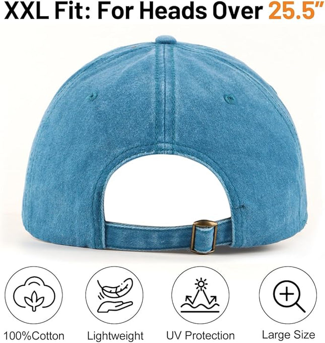 XXL Oversize Washed Denim Baseball Cap,Low Profile Jean Sports Cap for Big Heads 23.5"-25.5",Large Pigment Dyed Dad Hat