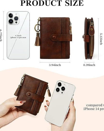 Blucoay Leather Wallet Women,RFID Blocking Small Wallets for Women Compact Bifold Wallet Card Holder With Zipper Coin Pocket darkbrown