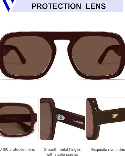 VANLINKER Oversized Retro Square Aviator Sunglasses for Women Men 70s Vintage Style Trendy Big Flat Top Sun Glasses VL9826