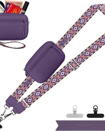 Clip and Go Strap for Phone with Wallet Crossbody, Adjustable Phone Lanyard with Detachable RFID Wristlet Wallet, Pattern Strap, Dark Purple(M)