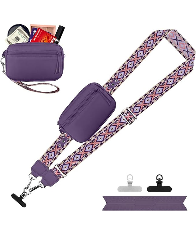 Clip and Go Strap for Phone with Wallet Crossbody, Adjustable Phone Lanyard with Detachable RFID Wristlet Wallet, Pattern Strap, Dark Purple(M)