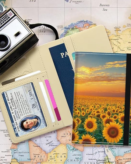 PU Leather Passport Holder Cover 5.9×4.3 Inch with Credit Card Slot and Boarding Pass Slot Combo Blocking Passport Holder Wallet Cover Case for Travel Boarding Essentials (Sunflower)