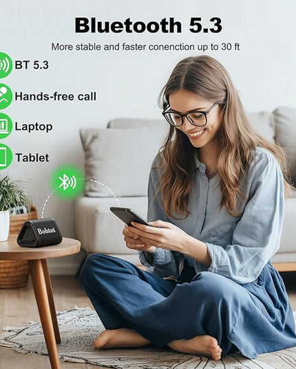Bobtot Portable Bluetooth Speaker Wireless, IPX7 Small Shower Speaker Waterproof, 15H Playing Time, Loud and Stereo Sound with Bass, TWS Pairing for Party, Camping, Travel, Black