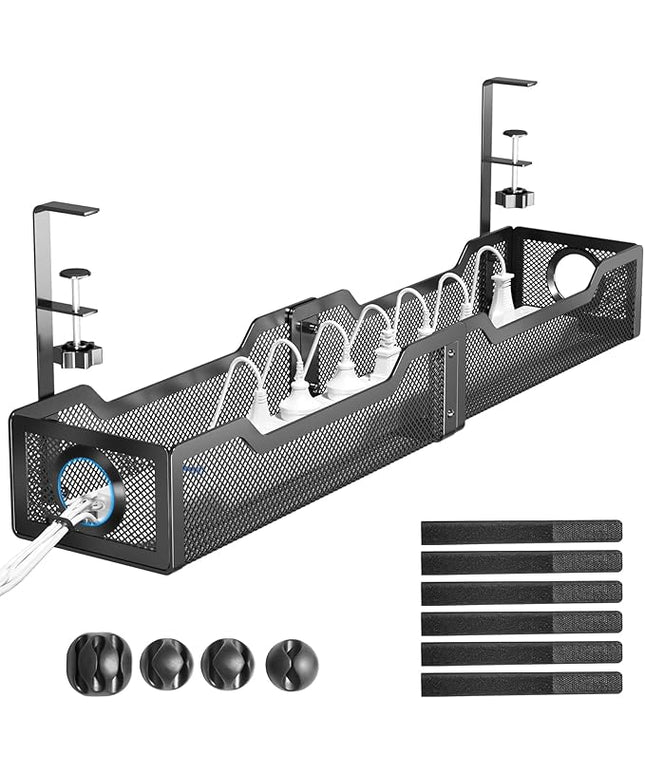 [Upgraded] Extra Large Under Desk Cable Management, Cinati 25" Wire Organizers No Drill, Cable Tray with Clamp for Wire Management, Cord Organization Box for Office, Home - No Damage to Desk(Black)