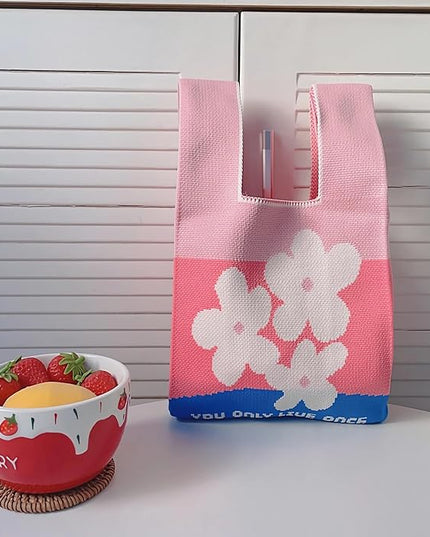 Women's Wrist Knot Tote Bag Small Crochet Wristlet Handbag Aesthetic Cute Knit Purse (Very Small Size)