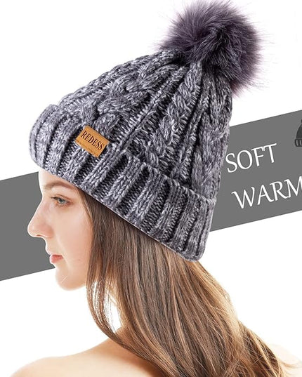 REDESS Women Winter Pompom Beanie Hat with Warm Fleece Lined, Thick Slouchy Snow Knit Skull Ski Cap