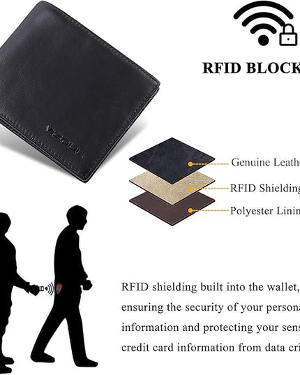 VISOUL Mens Bifold Wallet with 2 ID Windows and 2 Money Compartments, Genuine Leather Designer Wallet with RFID Blocking for Men Two Tone (Black and Burgundy)