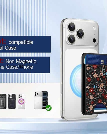 Stronger Magnetic Card Slot Wallet for iPhone 17/16/15/14/13/12 Series (Not for 13/12 Mini), Floral Pattern Hard Card Holder Fit 3 Cards Compatible with Magsafe Accessories, Black