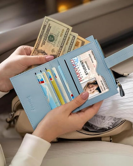 Blucoay Leather Wallet Women,RFID Blocking Small Wallet for Women Compact Card Holder Bifold Tassel Wallet Coin Purse With ID Window lzblue