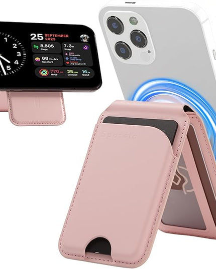 Magnetic Wallet for iPhone, Compatible with MagSafe Adjustable Stand Wallet, RIFD Blocking Leather Magnetic Card Holder for iPhone 17/16/15/14/13/12 Series, Not for iPhone 13/12 Mini(Pink)