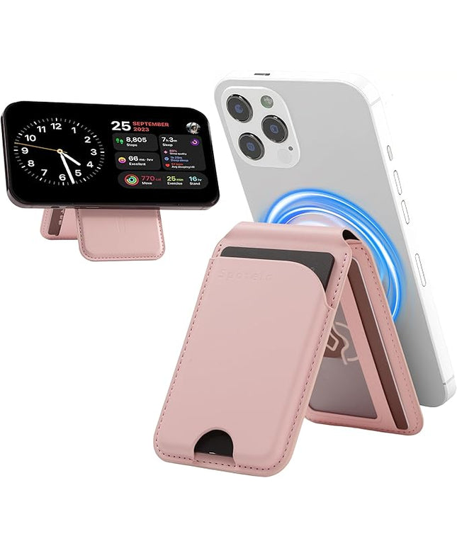 Magnetic Wallet for iPhone, Compatible with MagSafe Adjustable Stand Wallet, RIFD Blocking Leather Magnetic Card Holder for iPhone 17/16/15/14/13/12 Series, Not for iPhone 13/12 Mini(Pink)